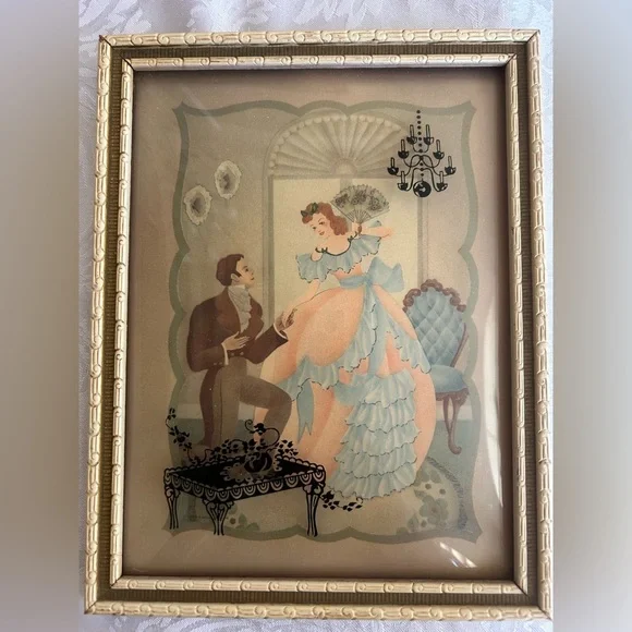 4 Vintage Curved Glass Framed Reverse Painted Silhouettes